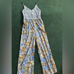 Floral Crochet Jumpsuit - Blue and Gray